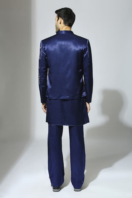 Shop Masumi Mewawalla Blue Silk Embroidery Floral Bandhgala Jacket Set at Aza Fashions Shop_Masumi Mewawalla_Blue Silk Embroidery Floral Bandhgala Jacket Set _at_Aza_Fashions