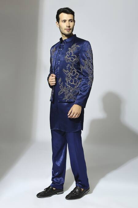 Masumi Mewawalla Blue Silk Embroidery Floral Bandhgala Jacket Set at Aza Fashions Masumi Mewawalla_Blue Silk Embroidery Floral Bandhgala Jacket Set _at_Aza_Fashions