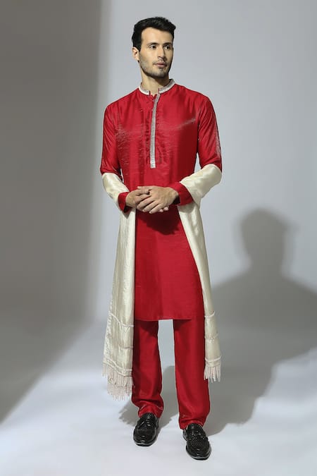 Masumi Mewawalla Red Natural Crepe Embroidered Stones Placement Kurta Set With Stole 