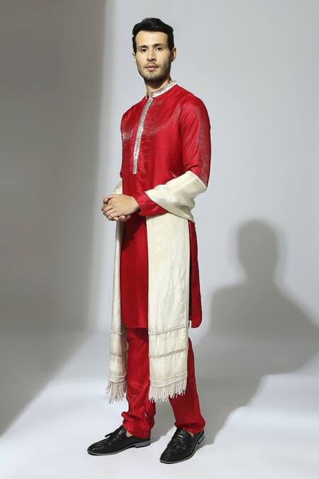 Masumi Mewawalla_Red Tissue, Crepe Stones, Beads Placement Embroidered Kurta Set With Stole _Online_at_Aza_Fashions