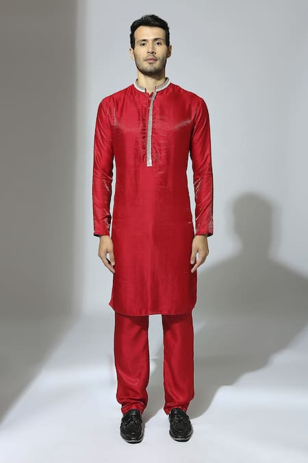 Shop_Masumi Mewawalla_Red Tissue, Crepe Stones, Beads Placement Embroidered Kurta Set With Stole _Online_at_Aza_Fashions