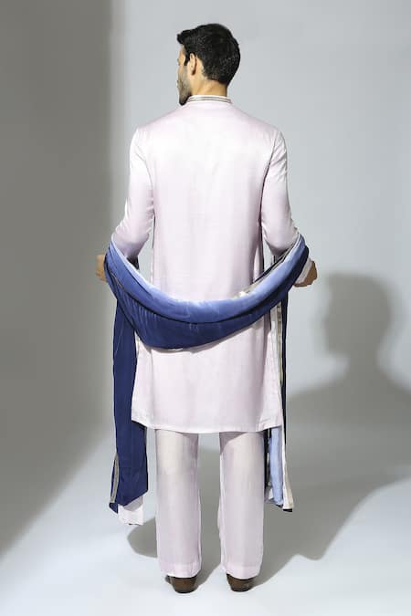 Shop Masumi Mewawalla Purple Gingham, Silk Lace Pastel Kurta Set With Ombre Stole at Aza Fashions Shop_Masumi Mewawalla_Purple Gingham, Silk Lace Pastel Kurta Set With Ombre Stole _at_Aza_Fashions