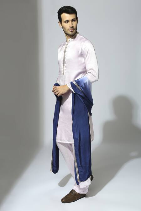 Masumi Mewawalla Purple Gingham, Silk Lace Pastel Kurta Set With Ombre Stole Online at Aza Fashions Masumi Mewawalla_Purple Gingham, Silk Lace Pastel Kurta Set With Ombre Stole _Online_at_Aza_Fashions