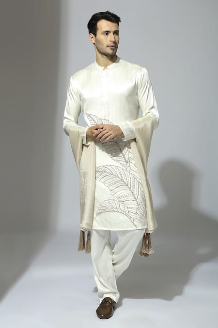 Masumi Mewawalla White Silk Embroidered Leaf Kurta Set With Stole 