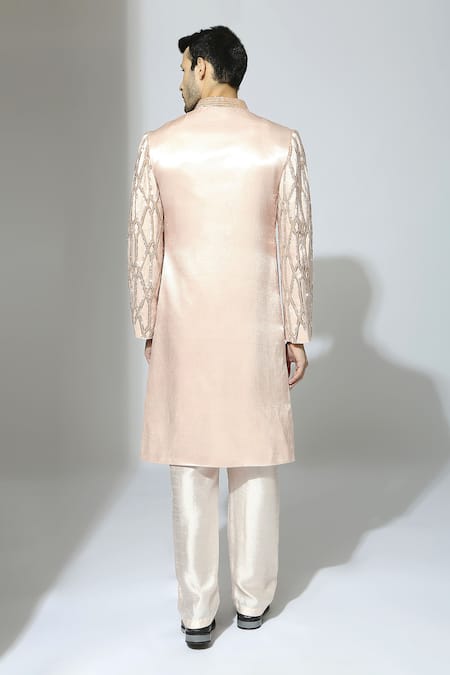 Shop Masumi Mewawalla Pink Silk, Cotton, Maheshwari Embroidery Jaali Hand Sherwani Set at Aza Fashions Shop_Masumi Mewawalla_Pink Silk, Cotton, Maheshwari Embroidery Jaali Hand Sherwani Set _at_Aza_Fashions