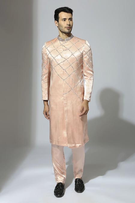 Masumi Mewawalla Pink Mashroo Hand Embroidered Geometric Sherwani Set  