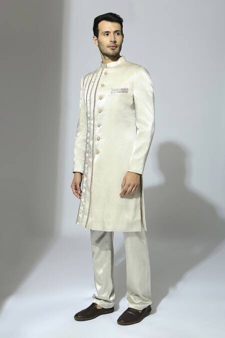 Masumi Mewawalla_Silver Silk Embroidery Linear Sherwani Set _Online_at_Aza_Fashions