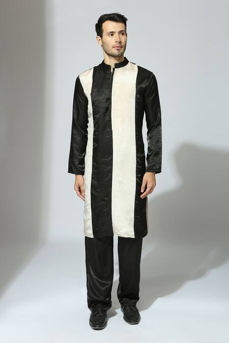 Masumi Mewawalla Black Tissue Plain Color Block Striped Kurta Set 