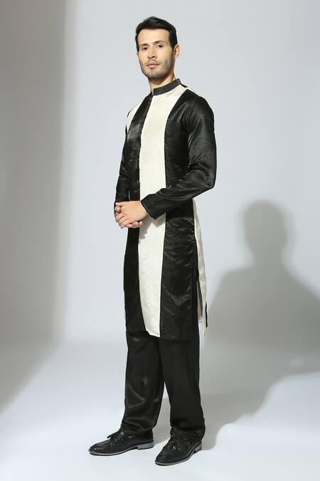 Masumi Mewawalla Black Tissue, Crepe Color Block Striped Kurta Set Online at Aza Fashions Masumi Mewawalla_Black Tissue, Crepe Color Block Striped Kurta Set _Online_at_Aza_Fashions