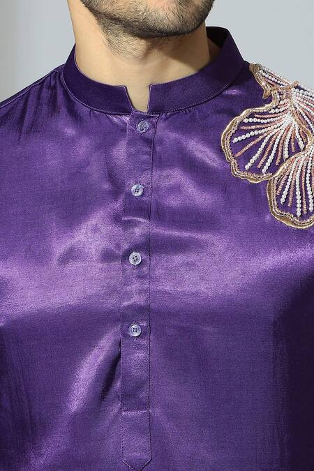 Masumi Mewawalla_Purple Cotton, Silk Embroidery Placement Floral Kurta Set _Online_at_Aza_Fashions