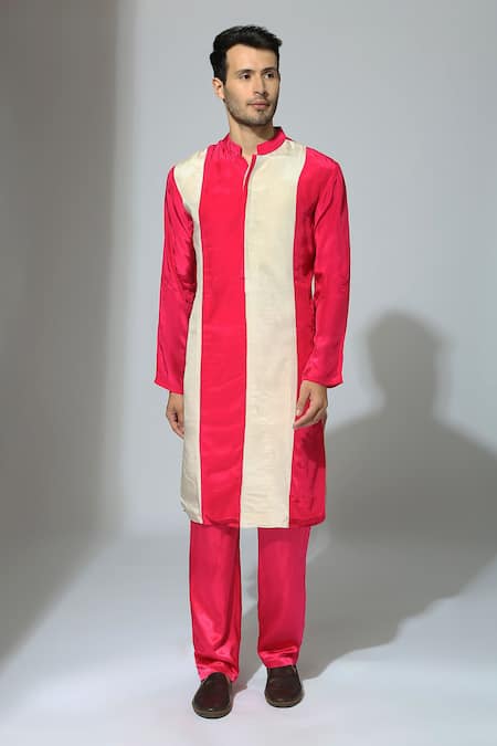 Masumi Mewawalla Pink Tissue Plain Striped Color Block Kurta Set 