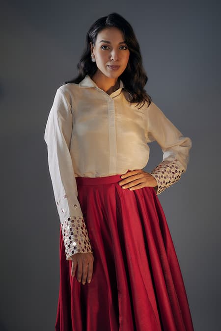 Masumi Mewawalla_Beige Silk, Tissue Mirrors Collared Embroidered Cuff Shirt And Lehenga Set _Online_at_Aza_Fashions