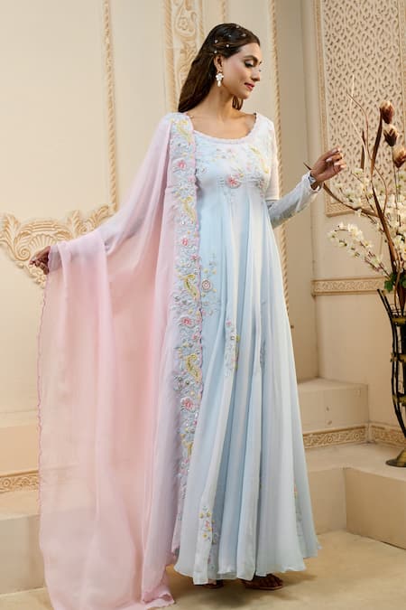 Aariyana Couture Blue Viscose, Satin, Lycra Embroidery, Tassels, Beads Scoop Floral Anarkali Set Online at Aza Fashions Aariyana Couture_Blue Viscose, Satin, Lycra Embroidery, Tassels, Beads Scoop Floral Anarkali Set_Online_at_Aza_Fashions