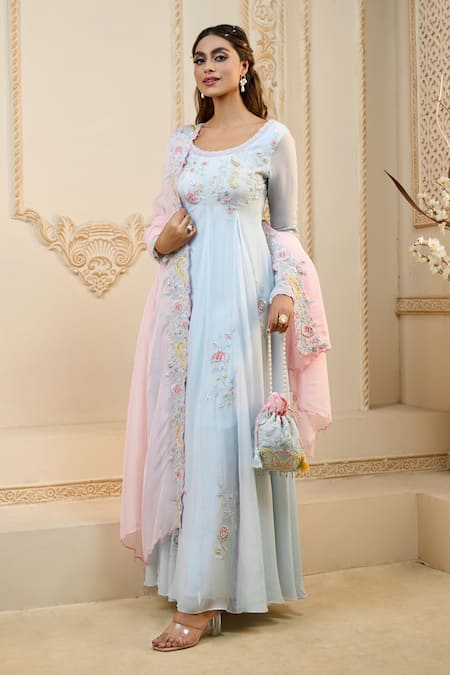 Shop Aariyana Couture Blue Viscose, Satin, Lycra Embroidery, Tassels, Beads Scoop Floral Anarkali Set Online at Aza Fashions Shop_Aariyana Couture_Blue Viscose, Satin, Lycra Embroidery, Tassels, Beads Scoop Floral Anarkali Set_Online_at_Aza_Fashions
