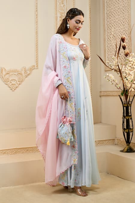 Aariyana Couture Blue Viscose, Satin, Lycra Embroidery, Tassels, Beads Scoop Floral Anarkali Set at Aza Fashions Aariyana Couture_Blue Viscose, Satin, Lycra Embroidery, Tassels, Beads Scoop Floral Anarkali Set_at_Aza_Fashions