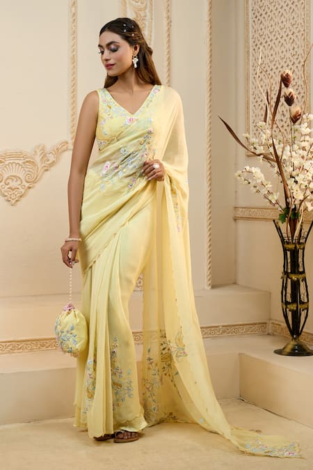 Aariyana Couture Yellow Bustier Silk Embroidered Floral Placement Saree With Blouse 