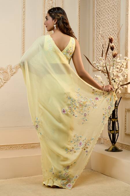 Shop Aariyana Couture Yellow Viscose, Silk, Modal Embroidery Placement Floral Saree With Blouse at Aza Fashions Shop_Aariyana Couture_Yellow Viscose, Silk, Modal Embroidery Placement Floral Saree With Blouse_at_Aza_Fashions