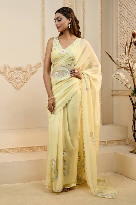 Aariyana Couture Yellow Viscose, Silk, Modal Embroidery Placement Floral Saree With Blouse Online at Aza Fashions Aariyana Couture_Yellow Viscose, Silk, Modal Embroidery Placement Floral Saree With Blouse_Online_at_Aza_Fashions
