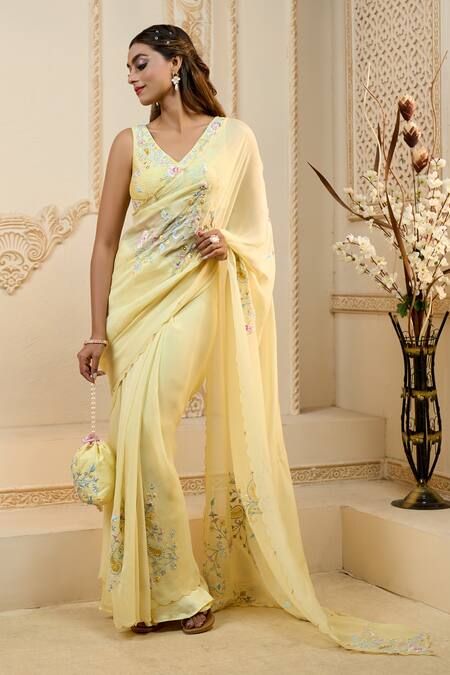 Shop Aariyana Couture Yellow Viscose, Silk, Modal Embroidery Placement Floral Saree With Blouse Online at Aza Fashions Shop_Aariyana Couture_Yellow Viscose, Silk, Modal Embroidery Placement Floral Saree With Blouse_Online_at_Aza_Fashions
