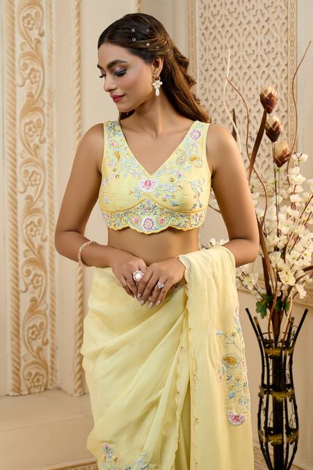 Aariyana Couture Yellow Viscose, Silk, Modal Embroidery Placement Floral Saree With Blouse at Aza Fashions Aariyana Couture_Yellow Viscose, Silk, Modal Embroidery Placement Floral Saree With Blouse_at_Aza_Fashions