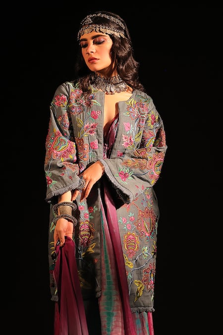 Shop Capisvirleo Blue Linen Embroidery Open Neck Ramola Thread Jacket at Aza Fashions Shop_Capisvirleo_Blue Linen Embroidery Open Neck Ramola Thread Jacket _at_Aza_Fashions