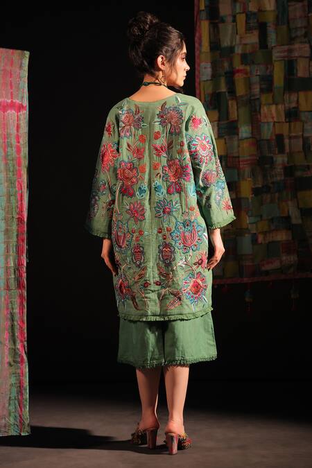 Shop_Capisvirleo_Green Linen Embroidery Open Neck Ramola Thread Floral Jacket _at_Aza_Fashions