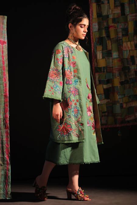 Capisvirleo_Green Linen Embroidery Open Neck Ramola Thread Floral Jacket _Online_at_Aza_Fashions