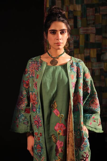 Shop_Capisvirleo_Green Linen Embroidery Open Neck Ramola Thread Floral Jacket _Online_at_Aza_Fashions