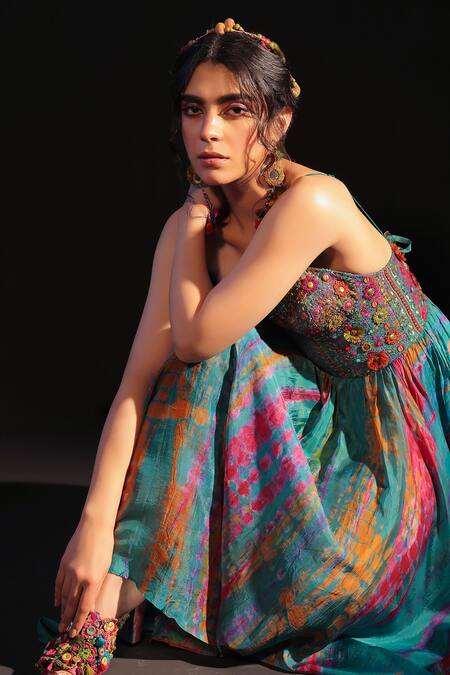 CAPISVIRLEO_Multi Color Silk Embroidery Sweetheart Neck Raziya Tie-dye Dress _Online_at_Aza_Fashions
