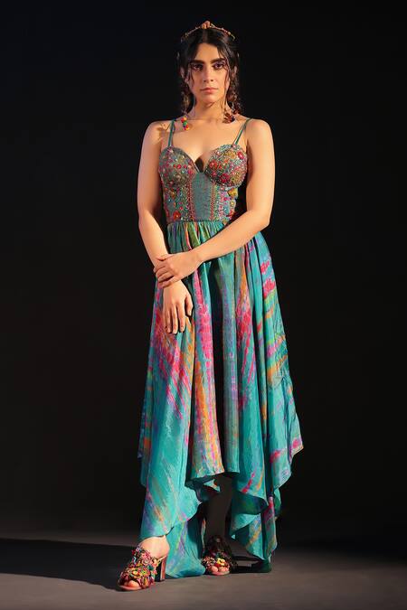 Buy_CAPISVIRLEO_Multi Color Silk Embroidery Sweetheart Neck Raziya Tie-dye Dress _Online_at_Aza_Fashions