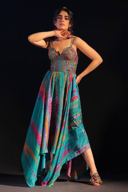 CAPISVIRLEO_Multi Color Silk Embroidery Sweetheart Neck Raziya Tie-dye Dress _at_Aza_Fashions