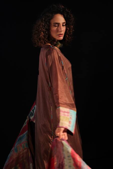 Shop_Capisvirleo_Brown Silk Round Neck Rubab Tunic Set With Tie-dye Dupatta _Online_at_Aza_Fashions