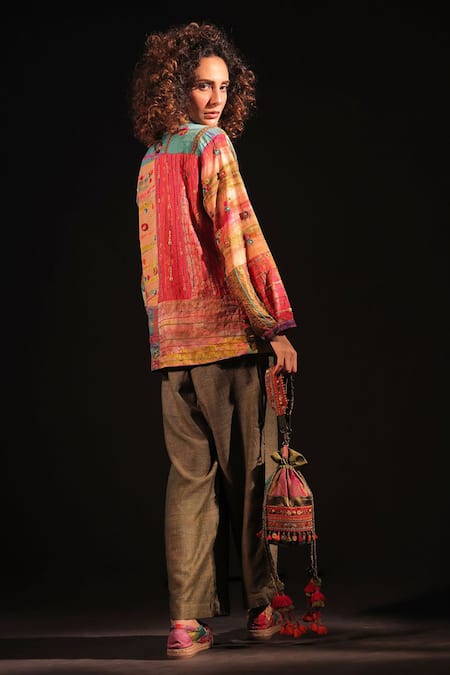 Shop Capisvirleo Multi Color Silk Embroidery Collared Turfa Tie-dye Shirt at Aza Fashions Shop_Capisvirleo_Multi Color Silk Embroidery Collared Turfa Tie-dye Shirt _at_Aza_Fashions