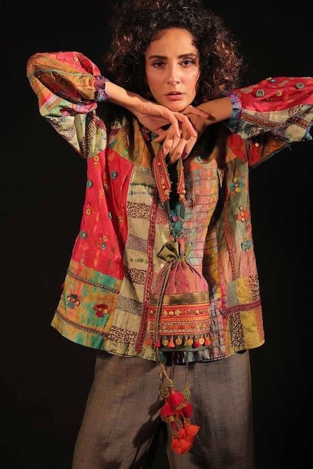 Capisvirleo Multi Color Silk Embroidery Collared Turfa Tie-dye Shirt Online at Aza Fashions Capisvirleo_Multi Color Silk Embroidery Collared Turfa Tie-dye Shirt _Online_at_Aza_Fashions