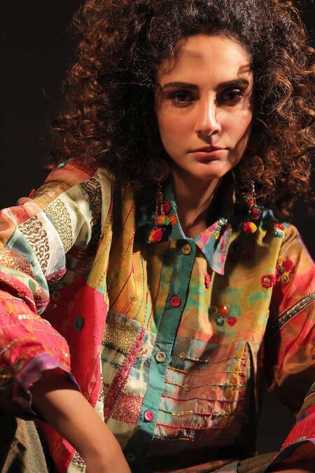 Buy Capisvirleo Multi Color Silk Embroidery Collared Turfa Tie-dye Shirt Online at Aza Fashions Buy_Capisvirleo_Multi Color Silk Embroidery Collared Turfa Tie-dye Shirt _Online_at_Aza_Fashions