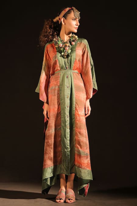 Capisvirleo Green Silk Round Neck Zoya Ombre Kaftan With Belt 