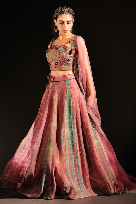 Shop Capisvirleo Purple Organza, Silk Embroidery Square Neck Avantika Tie-dye Pattern Lehenga Set at Aza Fashions Shop_Capisvirleo_Purple Organza, Silk Embroidery Square Neck Avantika Tie-dye Pattern Lehenga Set _at_Aza_Fashions