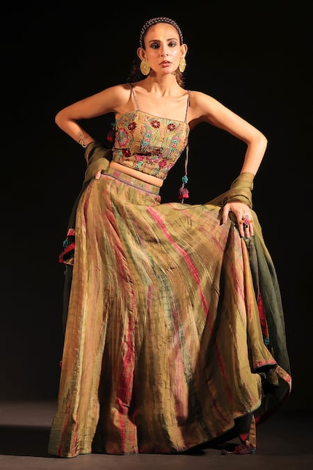 Shop Capisvirleo Green Organza, Silk Embroidery Square Neck Olive Tie-dye Lehenga Set at Aza Fashions Shop_Capisvirleo_Green Organza, Silk Embroidery Square Neck Olive Tie-dye Lehenga Set _at_Aza_Fashions