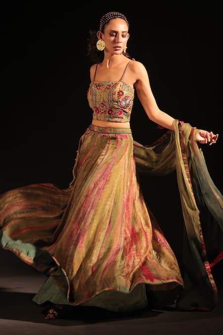Shop Capisvirleo Green Organza, Silk Embroidery Square Neck Olive Tie-dye Lehenga Set Shop_Capisvirleo_Green Organza, Silk Embroidery Square Neck Olive Tie-dye Lehenga Set