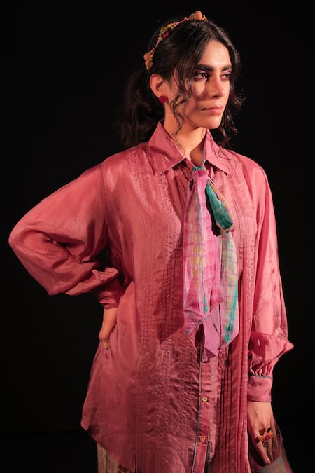Shop_Capisvirleo_Pink Silk Collared Elizah Pleated Bow Knot Shirt _at_Aza_Fashions