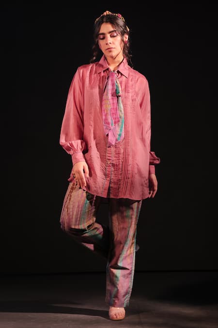 Capisvirleo_Pink Silk Collared Elizah Pleated Bow Knot Shirt _Online_at_Aza_Fashions