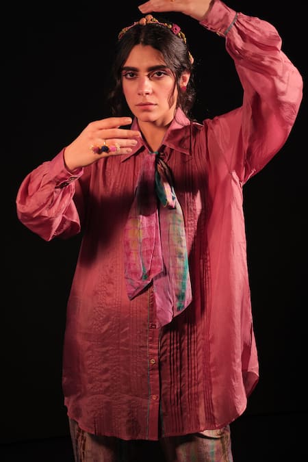 Buy_Capisvirleo_Pink Silk Collared Elizah Pleated Bow Knot Shirt _Online_at_Aza_Fashions
