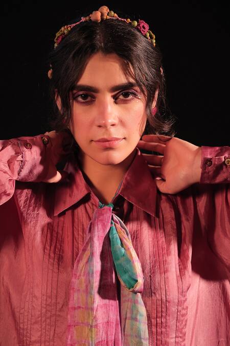 Shop_Capisvirleo_Pink Silk Collared Elizah Pleated Bow Knot Shirt _Online_at_Aza_Fashions