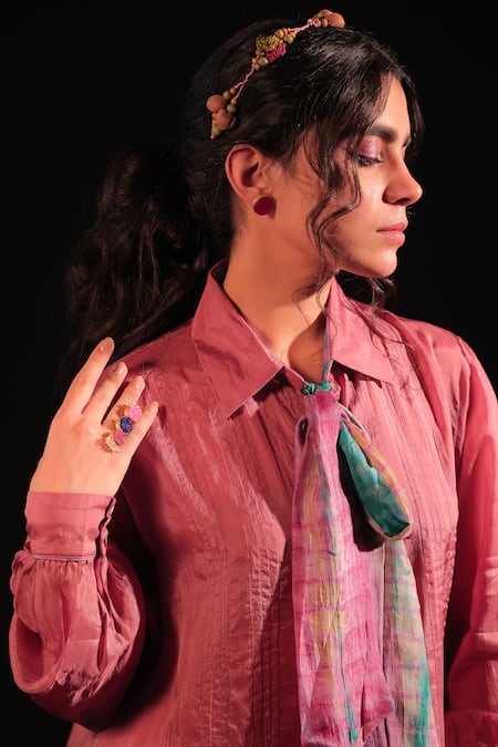 Capisvirleo_Pink Silk Collared Elizah Pleated Bow Knot Shirt _at_Aza_Fashions