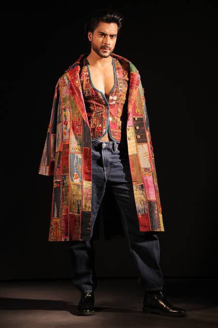 Shop_Capisvirleo_Multi Color Wool Embroidered Patchwork Gull Double Breasted Coat  _at_Aza_Fashions