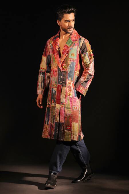 Shop_Capisvirleo_Multi Color Wool Embroidered Patchwork Gull Double Breasted Coat  _Online_at_Aza_Fashions