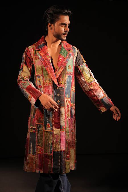 Capisvirleo_Multi Color Wool Embroidered Patchwork Gull Double Breasted Coat  _at_Aza_Fashions