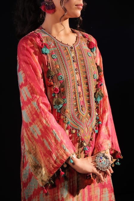 CAPISVIRLEO_Fuchsia Silk Tassels, Embroidery Round Neck Hamza A Line Maxi Dress _Online_at_Aza_Fashions