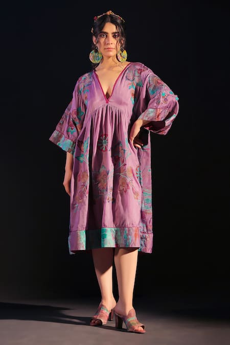 Capisvirleo Purple Habutai Silk Embroidered Resham V Neck Mehrooz Gathered Dress  