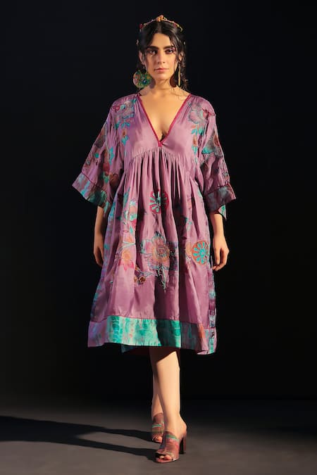 Shop_Capisvirleo_Purple Silk Embroidery V-neck Mehrooz Gathered Dress _at_Aza_Fashions